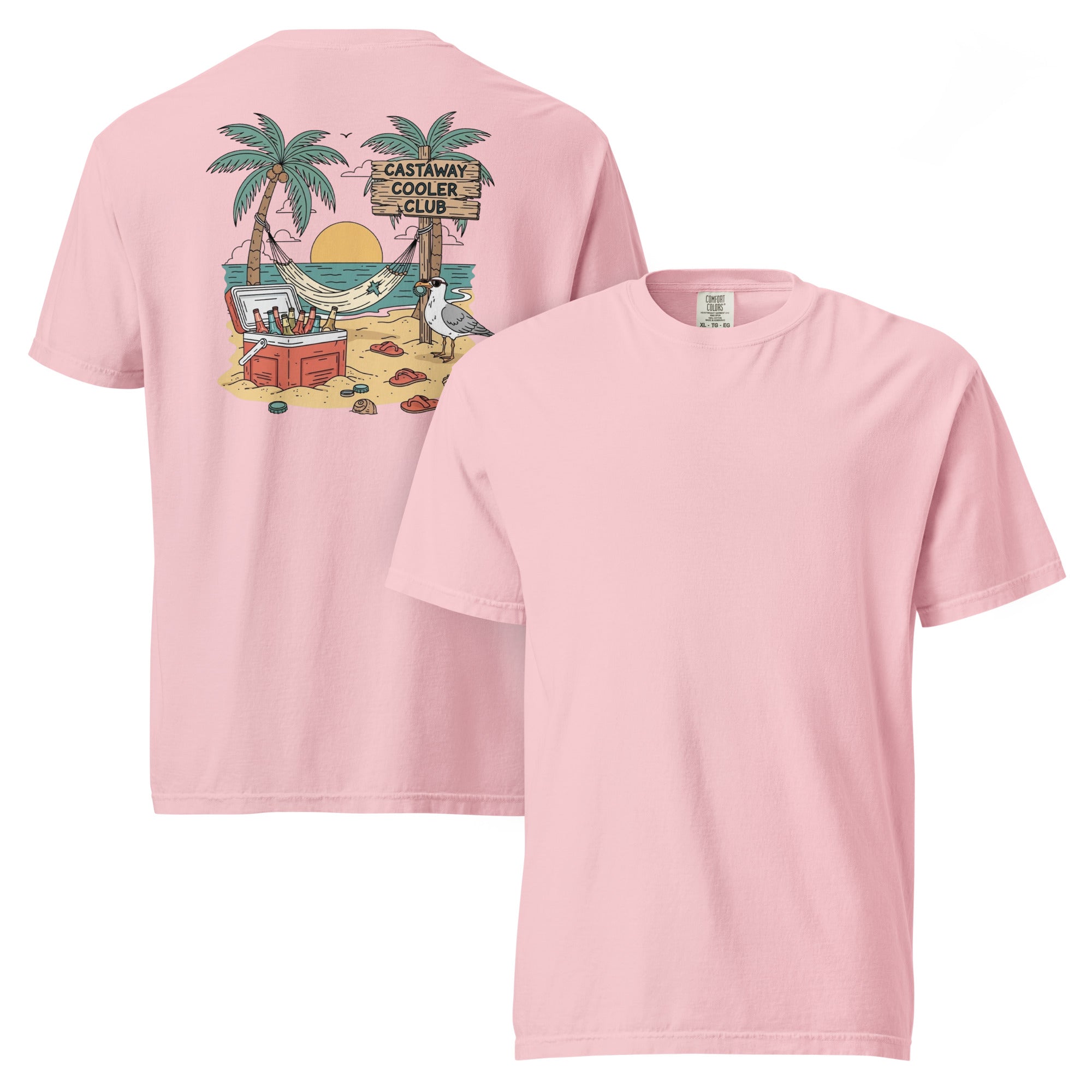 Castaway Cooler Club Tee | Tropical Beach Scene with Hammock, Sunset, and Coolers – Playful Coastal Graphic Back Tee (CC1717)