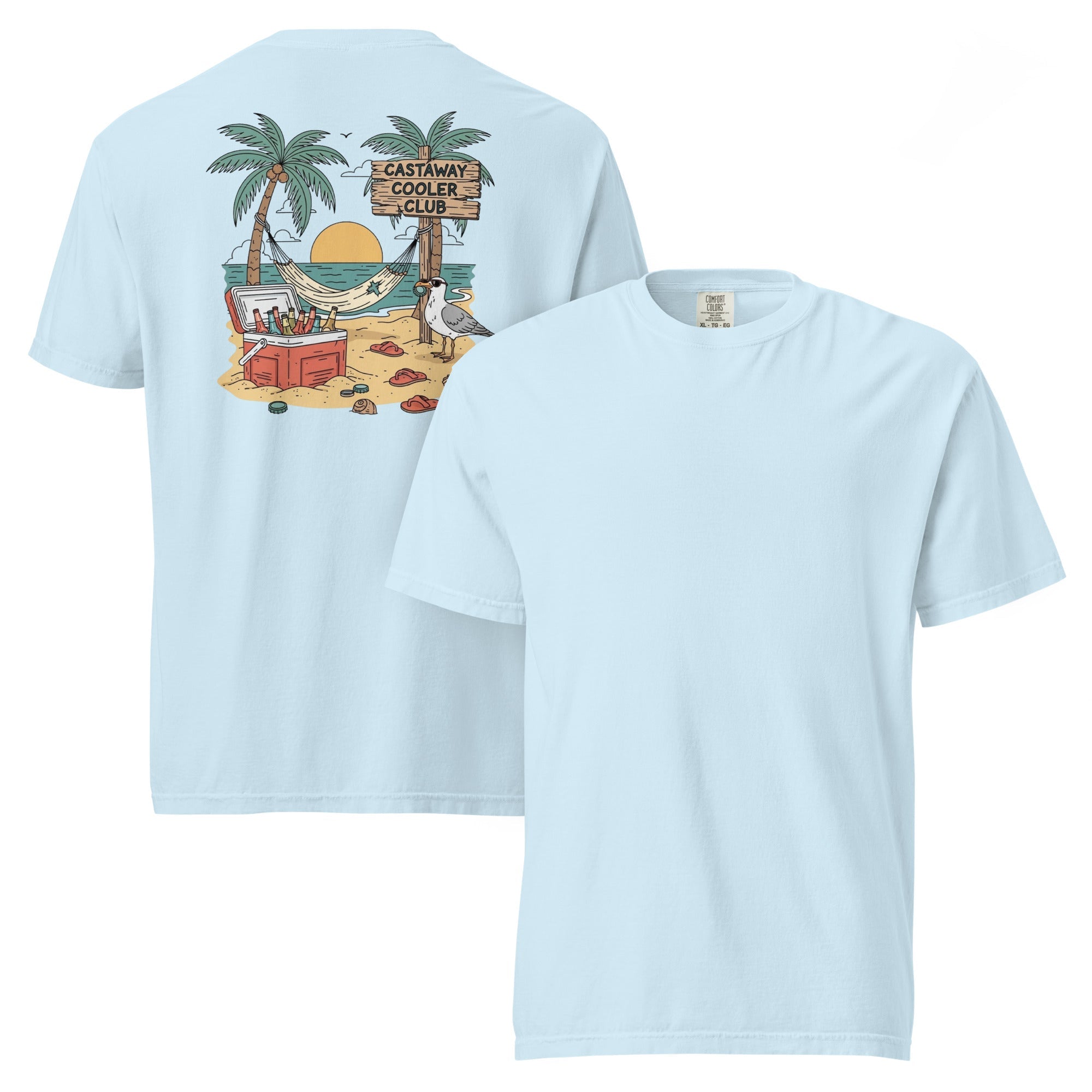 Castaway Cooler Club Tee | Tropical Beach Scene with Hammock, Sunset, and Coolers – Playful Coastal Graphic Back Tee (CC1717)