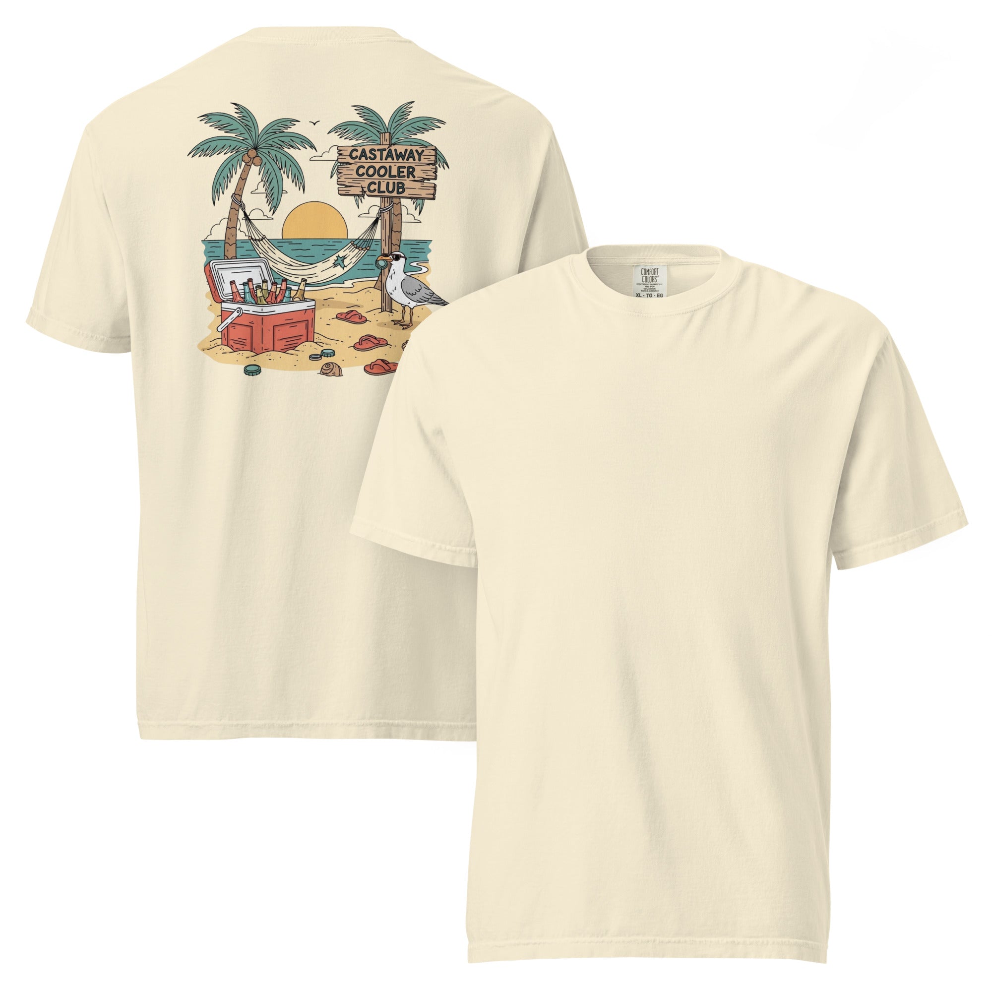 Castaway Cooler Club Tee | Tropical Beach Scene with Hammock, Sunset, and Coolers – Playful Coastal Graphic Back Tee (CC1717)