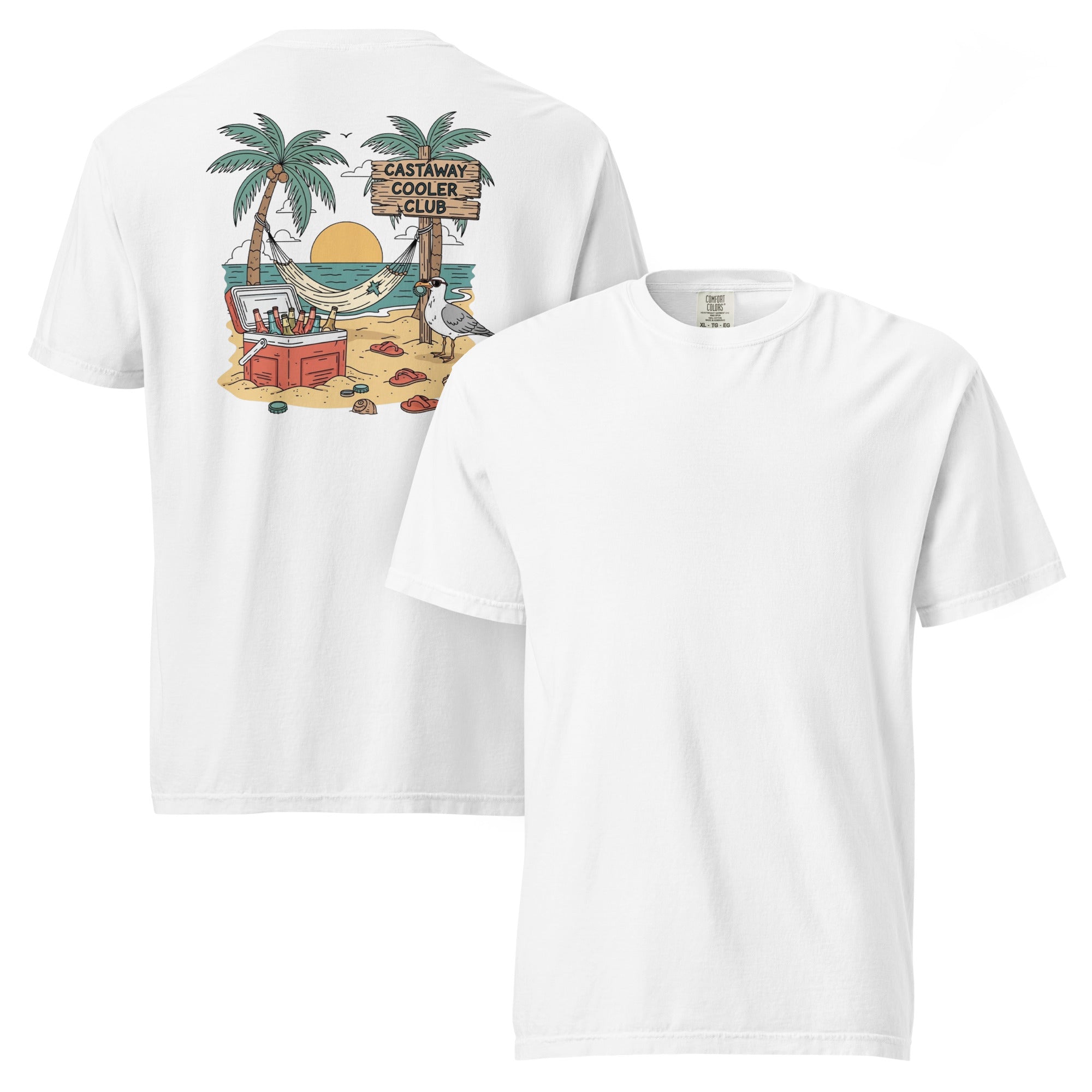 Castaway Cooler Club Tee | Tropical Beach Scene with Hammock, Sunset, and Coolers – Playful Coastal Graphic Back Tee (CC1717)